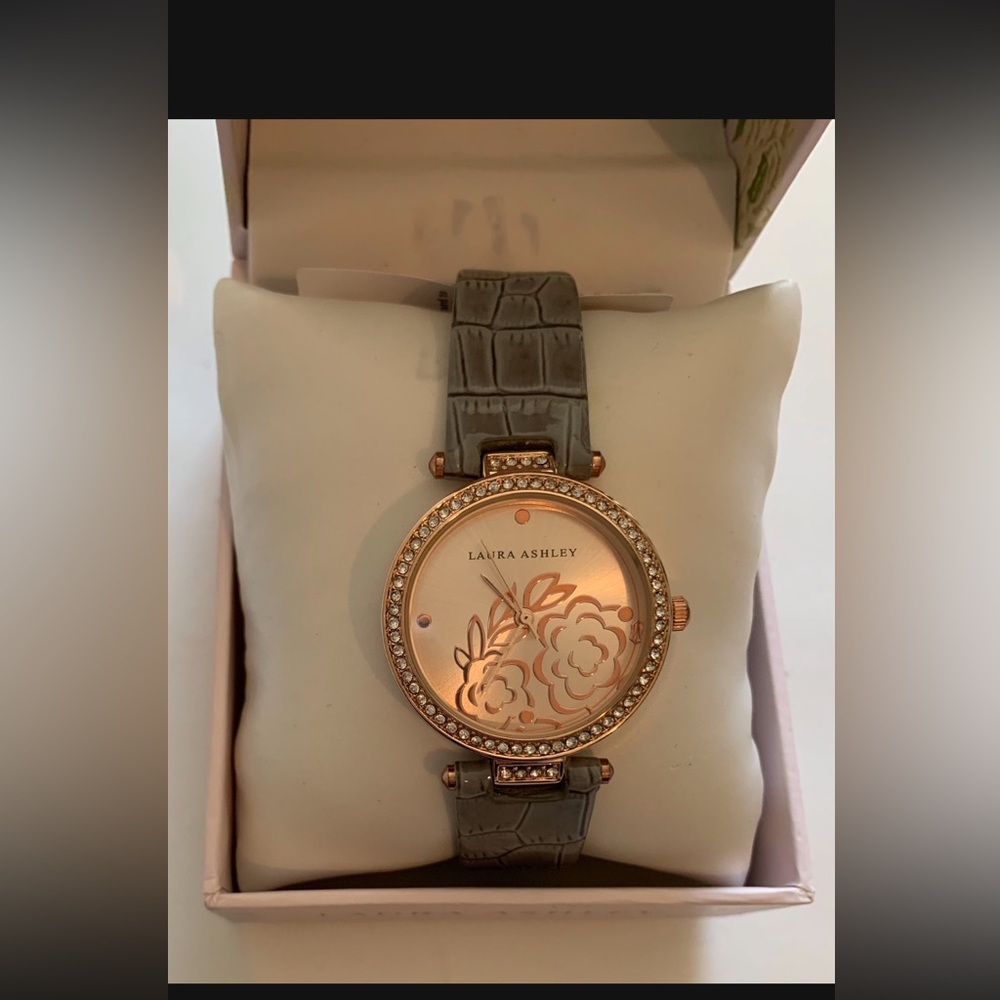 Laura Ashley Watch Rose Gold Ladies T Bar w/ Rhinestones Gray Band Floral Dial